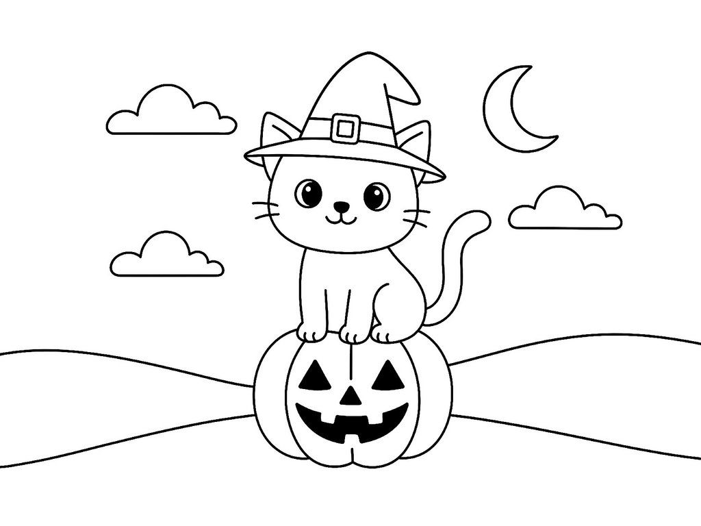 Ausmalbild Halloween Katze auf Kürbis