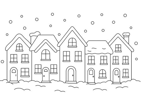 Thumbnail Ausmalbild Winter Häuserzeile im Schnee