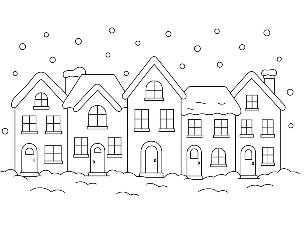 Ausmalbild Winter Häuserzeile im Schnee
