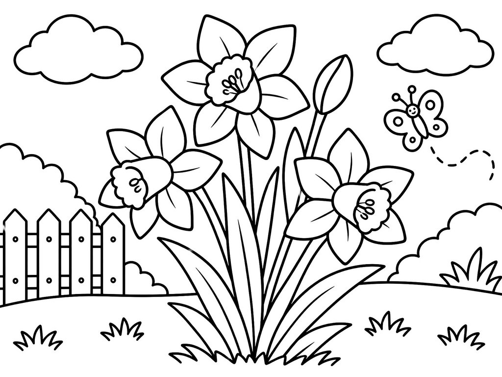 Ausmalbild Blumen Narzissen mit Schmetterling