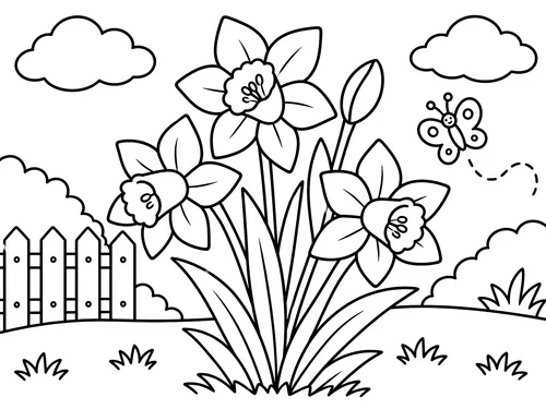 Thumbnail Ausmalbild Blumen Narzissen mit Schmetterling