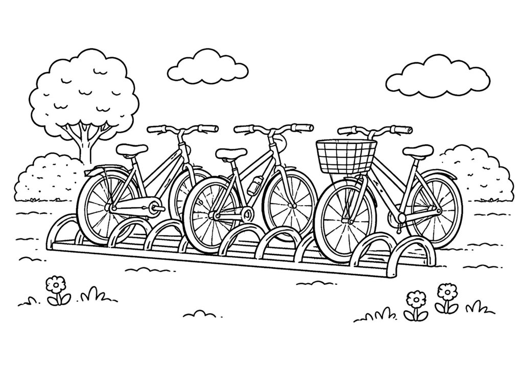 Ausmalbild Fahrrad in Fahrradständer