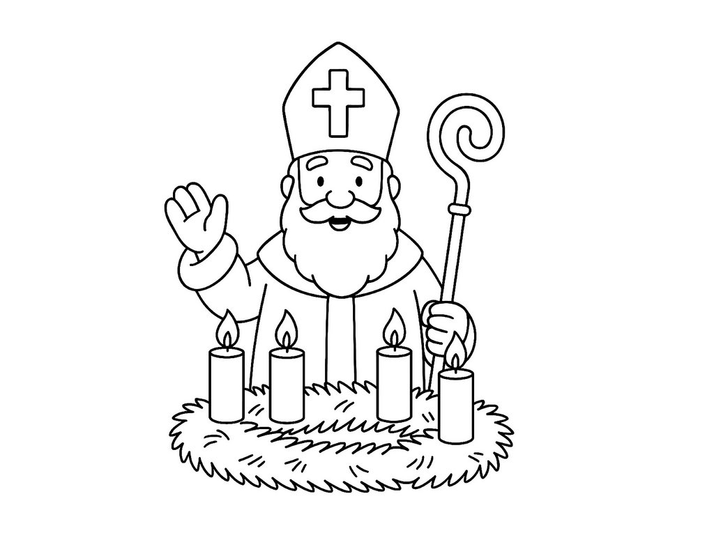 Ausmalbild Nikolaus mit Adventskranz