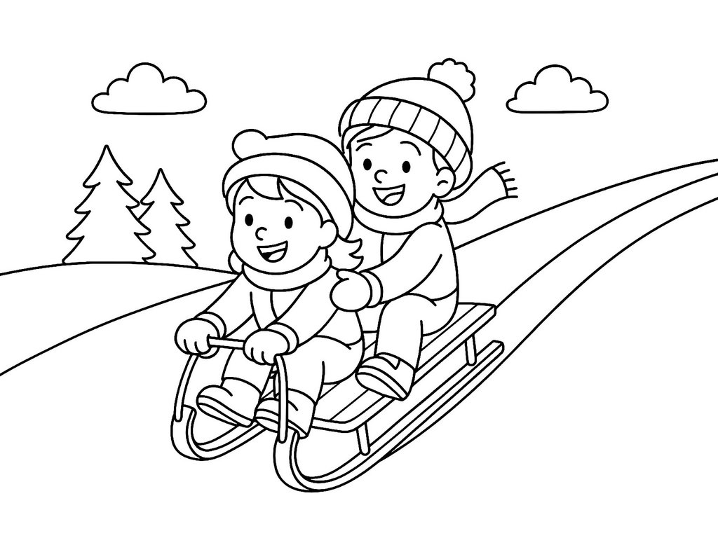 Ausmalbild Winter Kinder fahren Schlitten