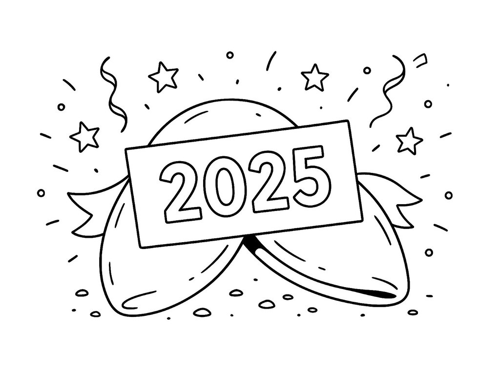 Ausmalbild 2025 mit Glückskeksen