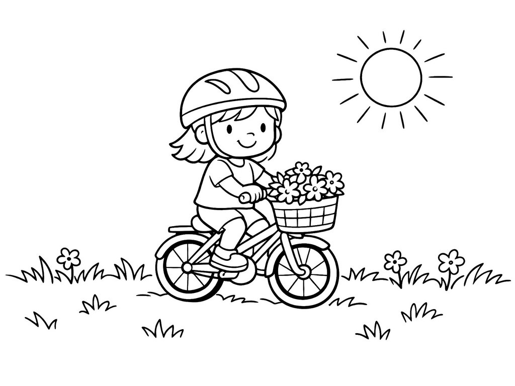 Ausmalbild Fahrrad Mädchen fährt auf Wiese