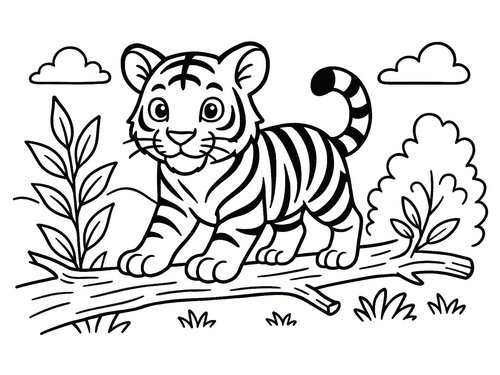 Thumbnail Ausmalbild kleiner Tiger auf Baum