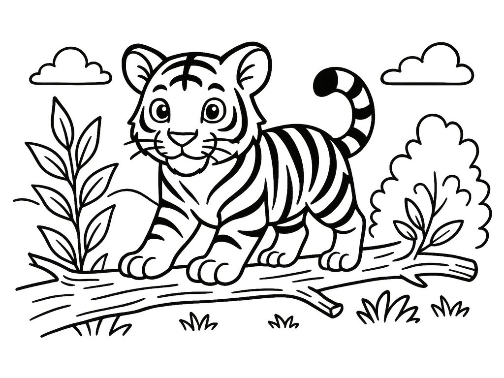 Ausmalbild kleiner Tiger auf Baum