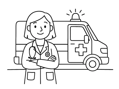 Thumbnail Ausmalbild Ärztin mit Stetoskop vor Krankenwagen