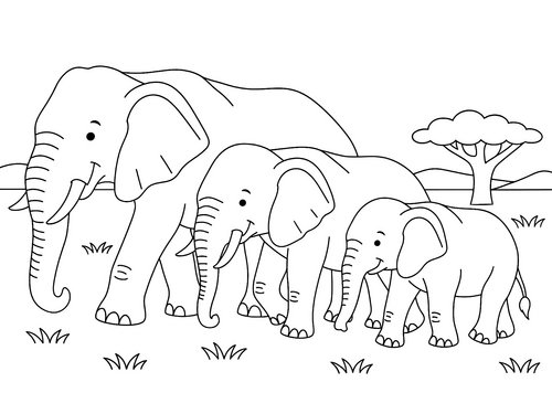 Thumbnail Ausmalbild Elefanten auf Wanderschaft