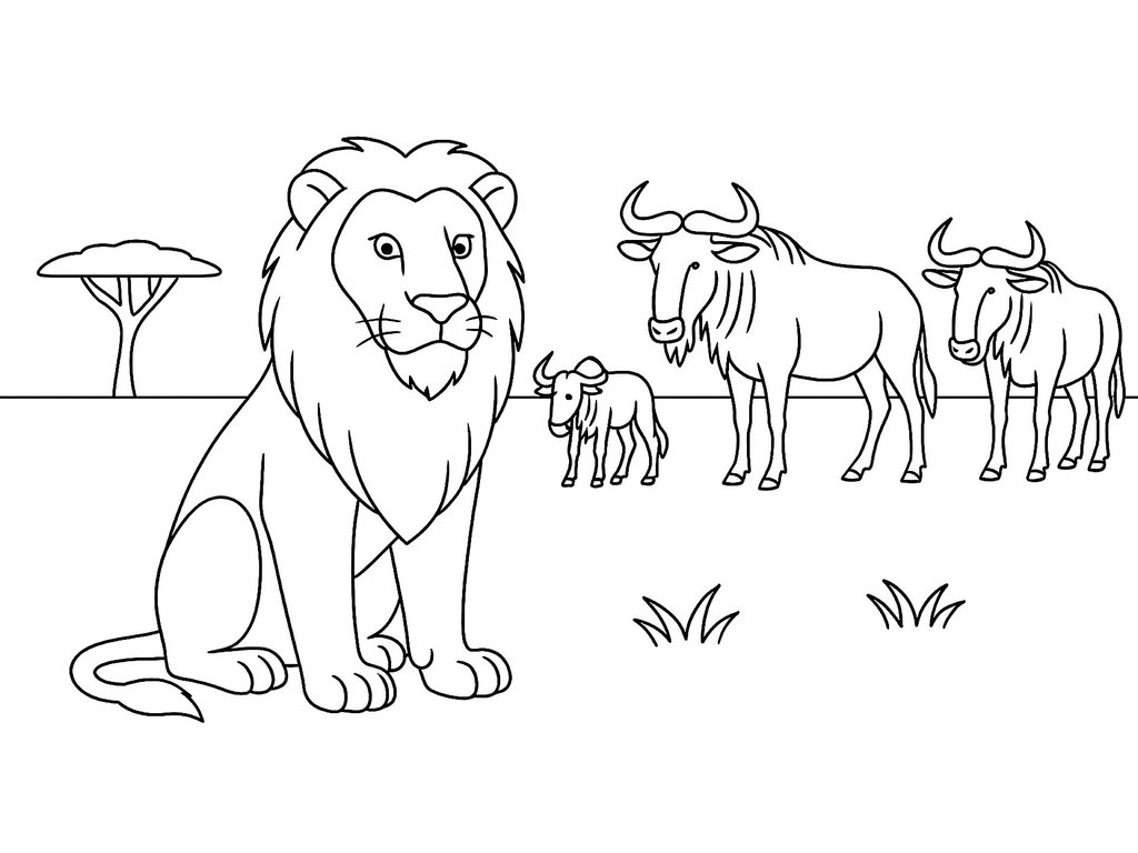 Ausmalbild Löwe und Gnus