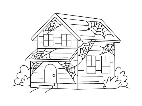Thumbnail Ausmalbild Halloween Haus mit Spinnweben