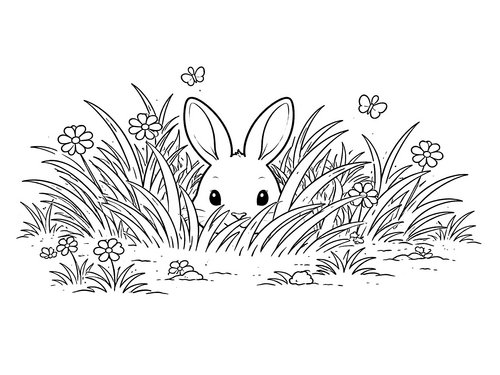 Thumbnail Ausmalbild Hase versteckt in Wiese