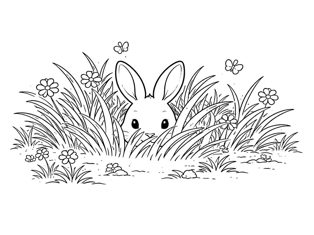 Ausmalbild Hase versteckt in Wiese