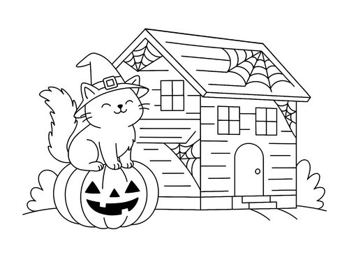 Thumbnail Ausmalbild Halloween Spukhaus, Katze und Kürbis