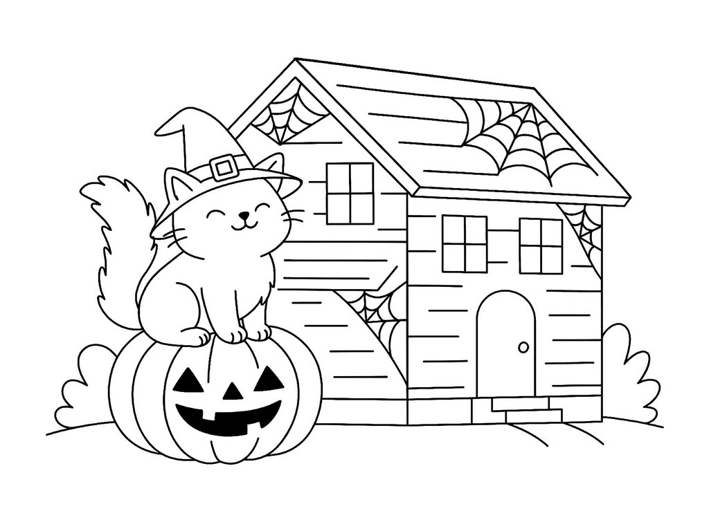 Ausmalbild Halloween Spukhaus, Katze und Kürbis