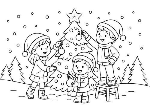 Thumbnail Ausmalbild Weihnachten Kinder schmücken Weihnachtsbaum