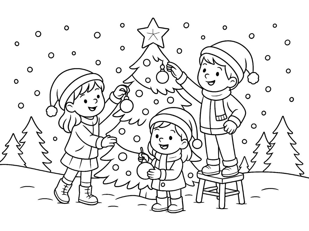 Ausmalbild Weihnachten Kinder schmücken Weihnachtsbaum