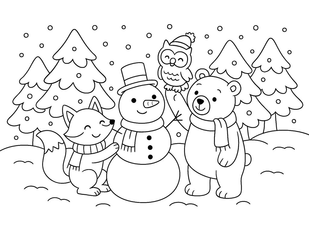 Ausmalbild Weihnachten Tiere bauen Schneemann