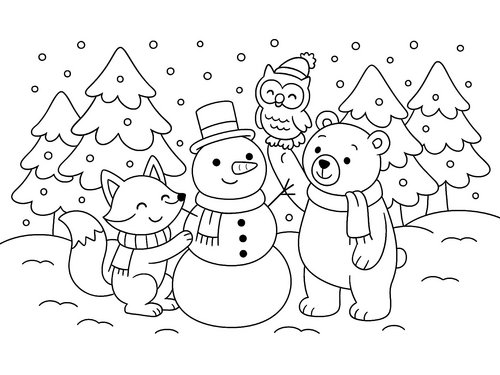 Thumbnail Ausmalbild Weihnachten Tiere bauen Schneemann