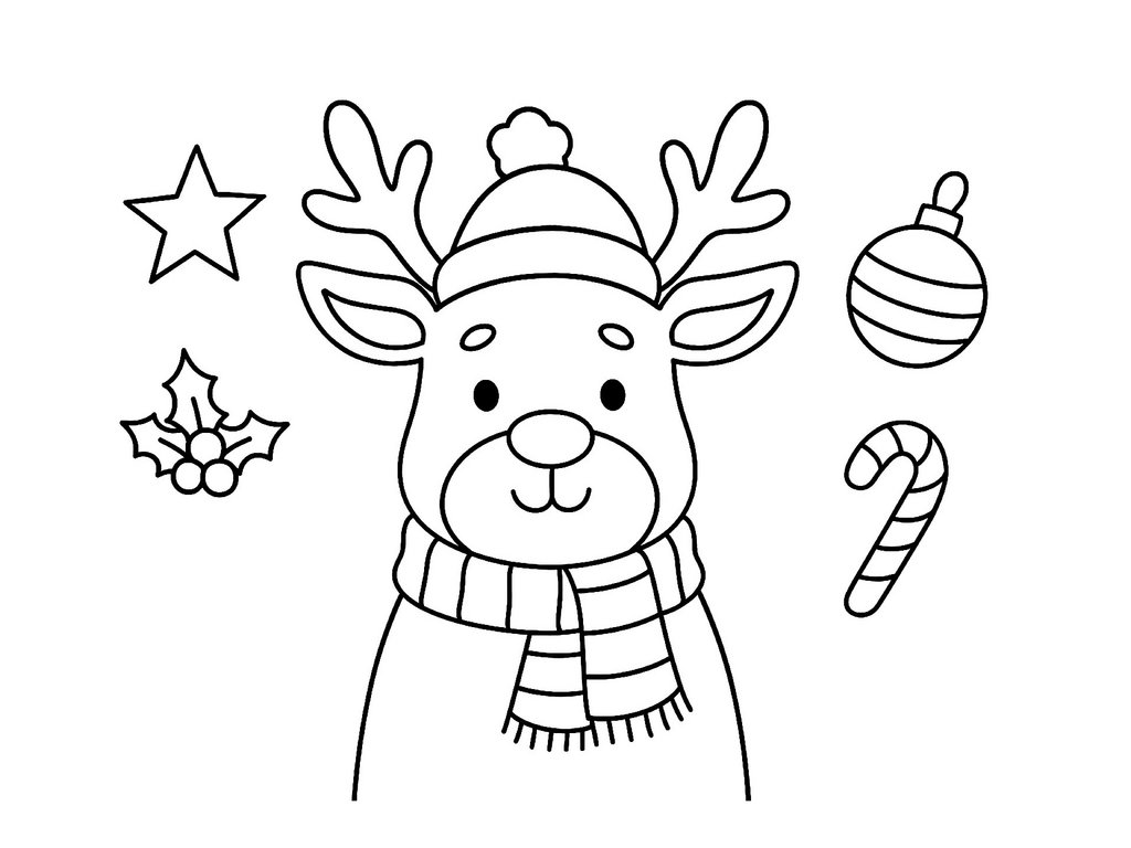 Ausmalbild Weihnachten Rentier mit Mütze