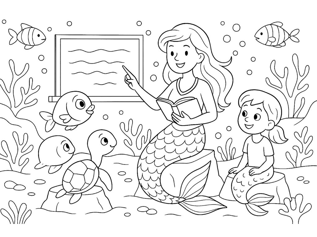 Ausmalbild Meerjungfrau Unterwasserschule