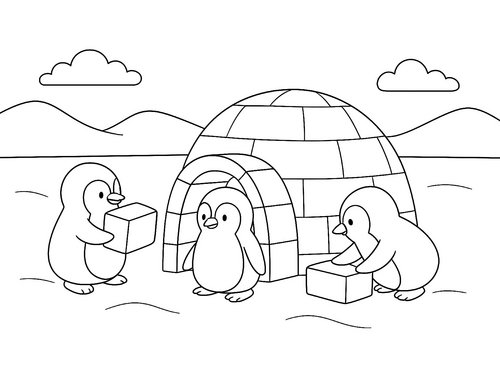Thumbnail Ausmalbild Pinguin kleine Pinguine bauen Iglu