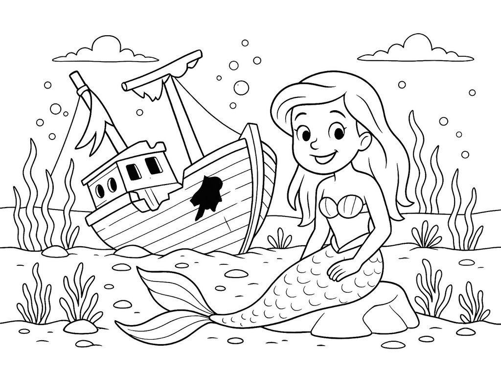 Ausmalbild Meerjungfrau vor Schiffsvrack