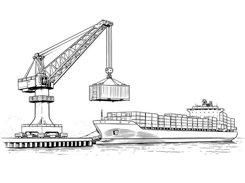 Thumbnail Ausmalbild Kran Hafenkran mit Containerschiff