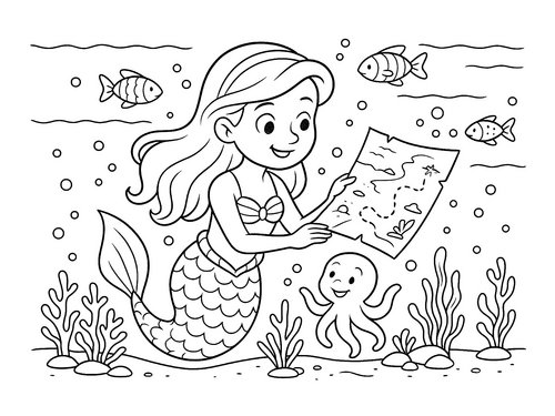 Thumbnail Ausmalbild Meerjungfrau mit Schatzkarte
