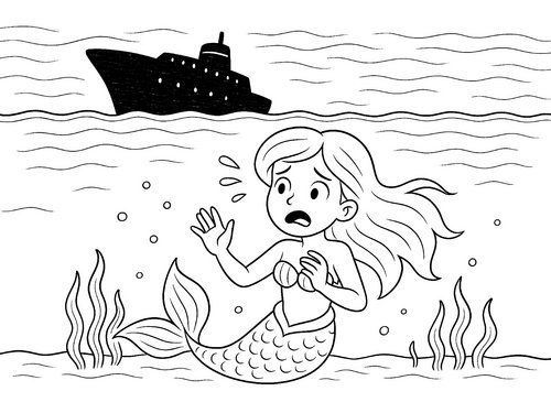 Thumbnail Ausmalbild Meerjungfrau Angst vor Schiff