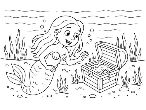 Thumbnail Ausmalbild Meerjungfrau findet Schatz
