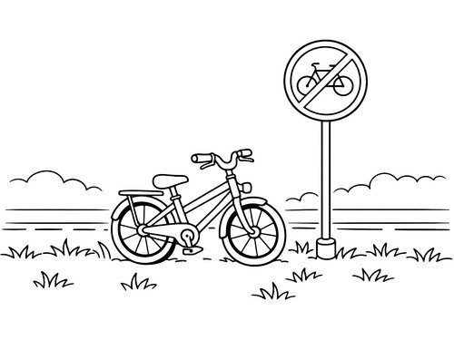 Thumbnail Ausmalbild Fahrrad neben Schild
