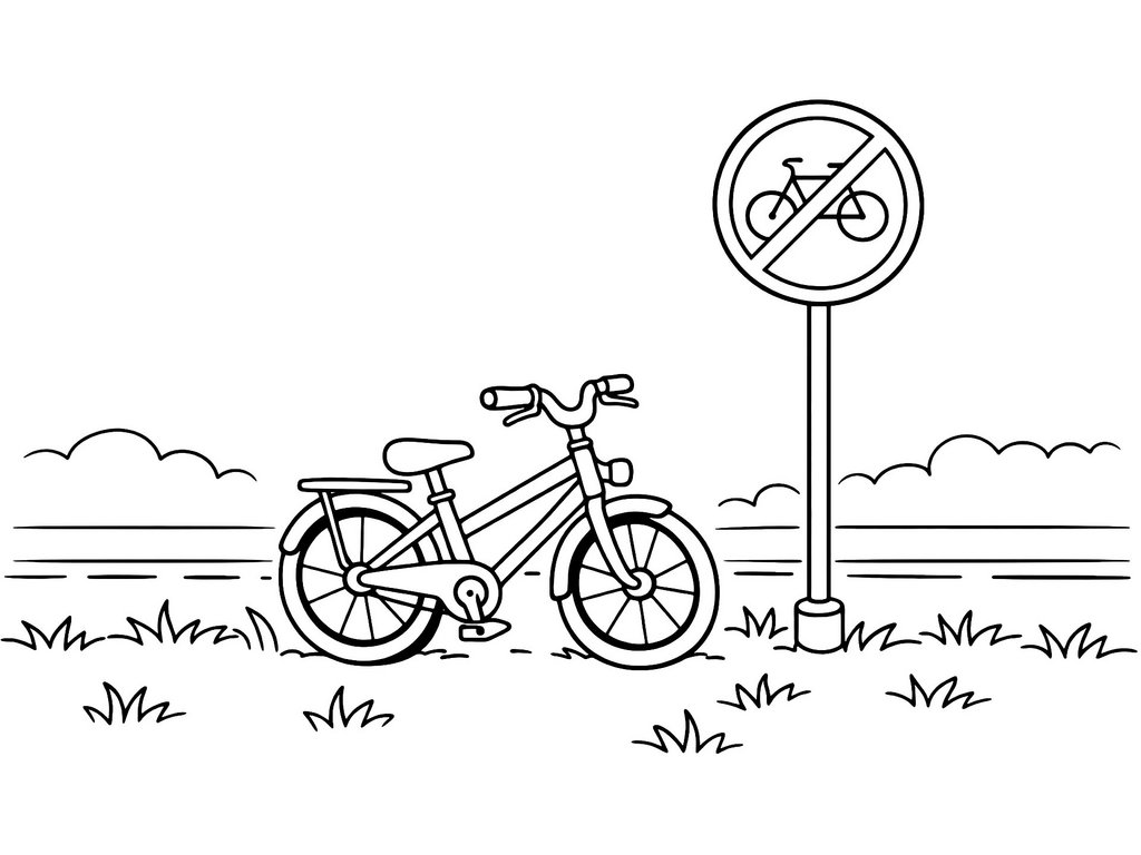 Ausmalbild Fahrrad neben Schild