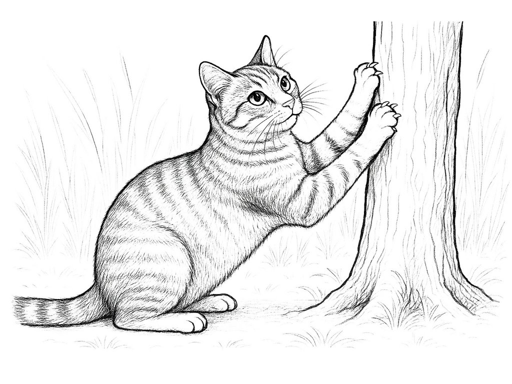 Ausmalbild realistische Katz wetzt Krallen am Baum