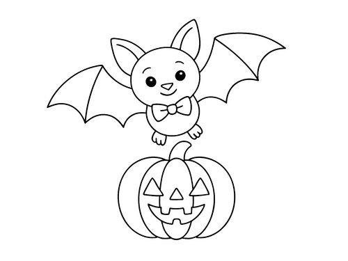 Thumbnail Ausmalbild Halloween Fledermaus mit Kürbis