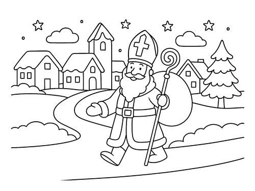 Thumbnail Ausmalbild Nikolaus vor Winterdorf