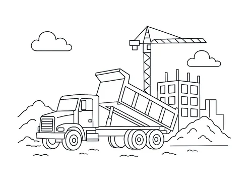 Thumbnail Ausmalbild Kipplaster Sattelkipper auf Baustelle