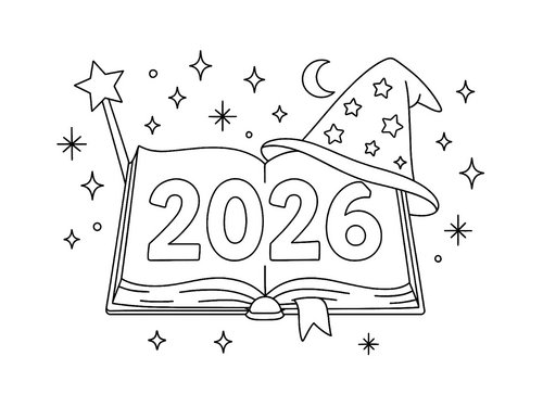 Thumbnail Ausmalbild 2026 mit Zauberbuch