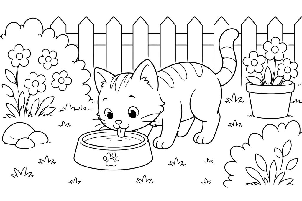Ausmalbild Katze trinkt im Garten