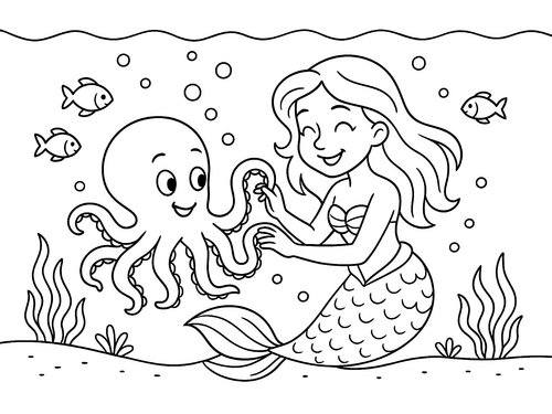 Thumbnail Ausmalbild Meerjungfrau spielt mit Oktopus
