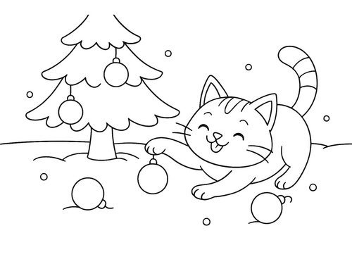 Thumbnail Ausmalbild Weihnachten: Katze spielt mit Weihnachtskugeln