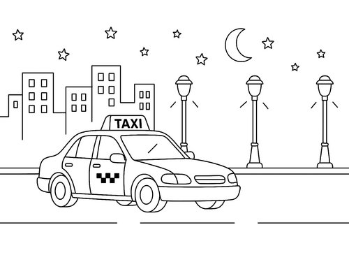 Thumbnail Ausmalbild Taxi in der Nacht