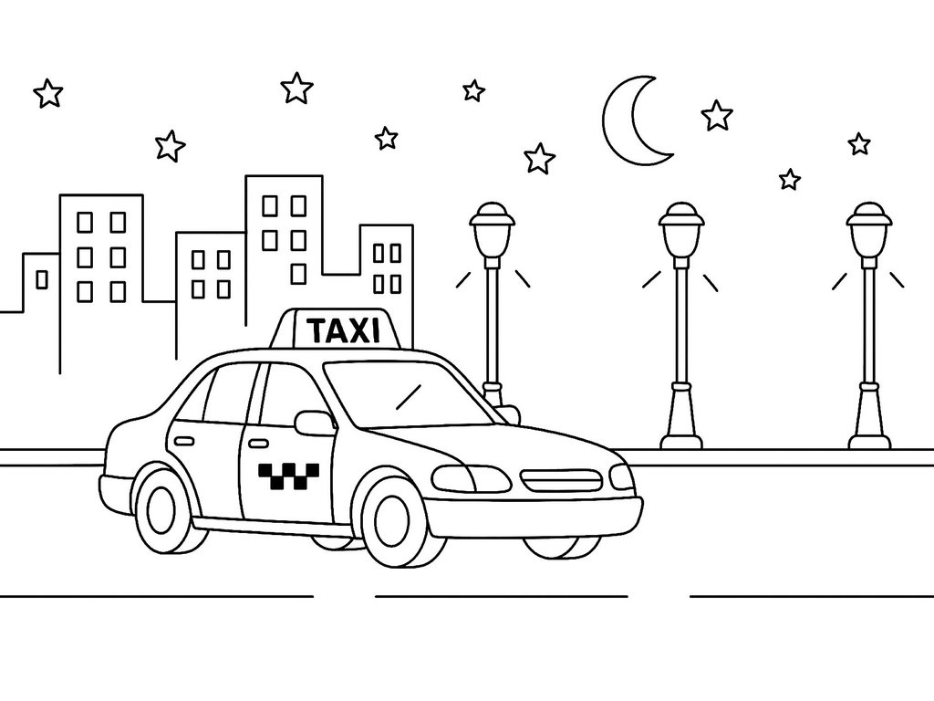 Ausmalbild Taxi in der Nacht