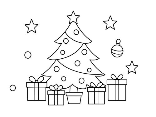 Thumbnail Ausmalbild Weihanchten einfacher Weihnachtsbaum mit Geschenken