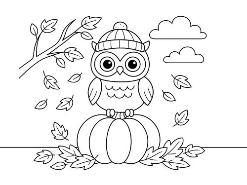 Thumbnail Ausmalbild Herbst Eule auf Kürbis