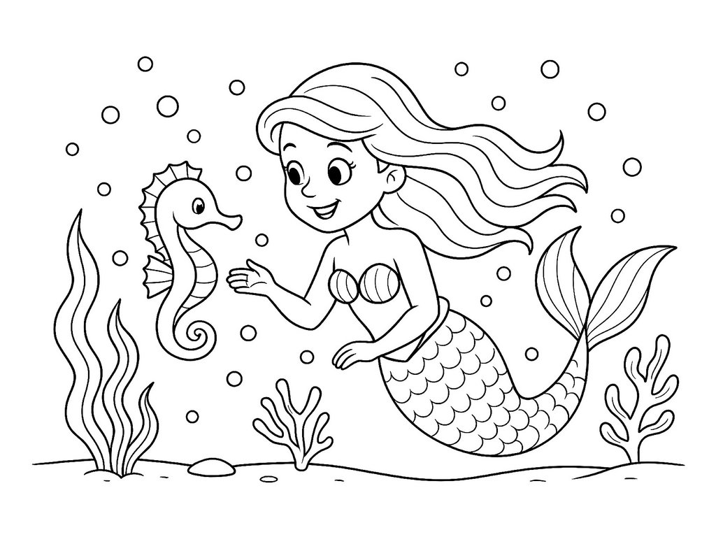 Ausmalbild Meerjungfrau kleines Seepferdchen