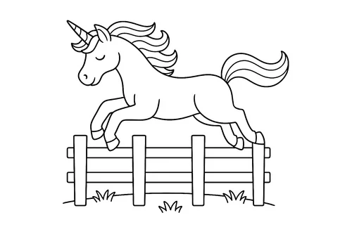 Thumbnail Ausmalbild Einhorn springt über einen Zaun