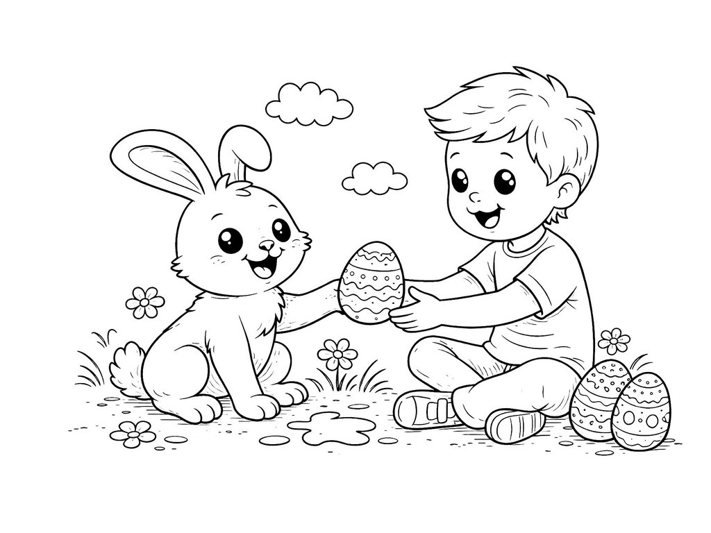 Ausmalbild Ostern Osterhase gibt Kind Osterei