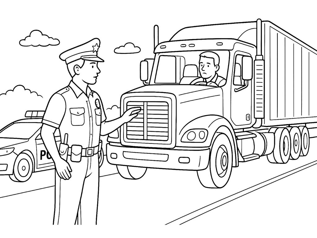 Ausmalbild Verkehrskontrolle LKW